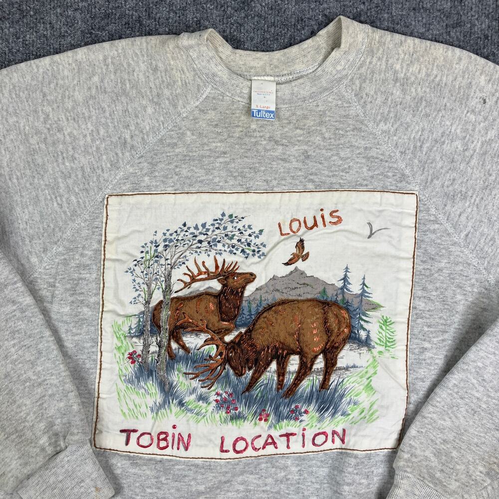 Tultex‎ Sweatshirt Mens Size XL Gray Wildlife Elk Graphic USA Crewneck Pullover